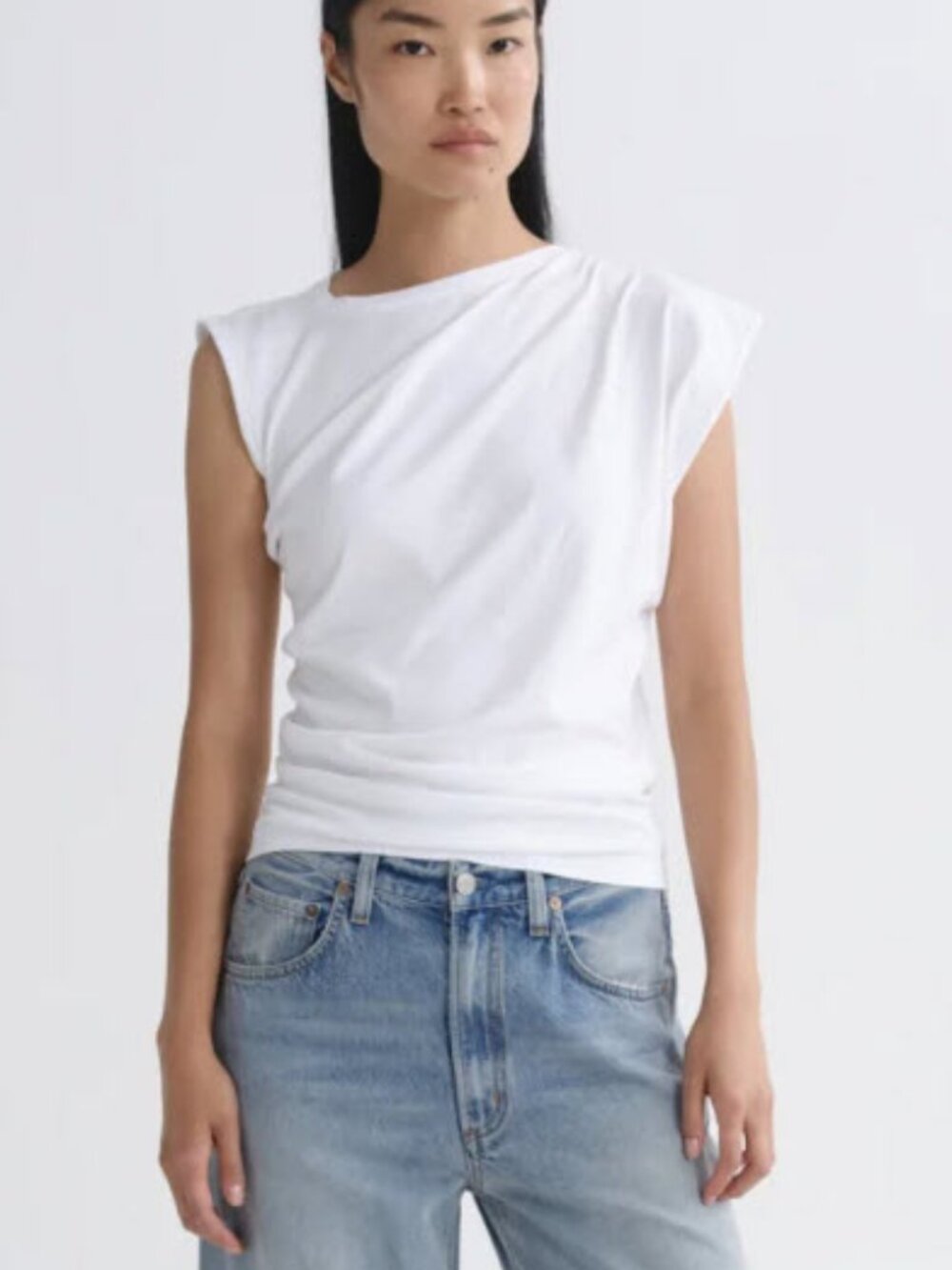 AGOLDE Beth Tee White Asymmetrical Neckline Top XL